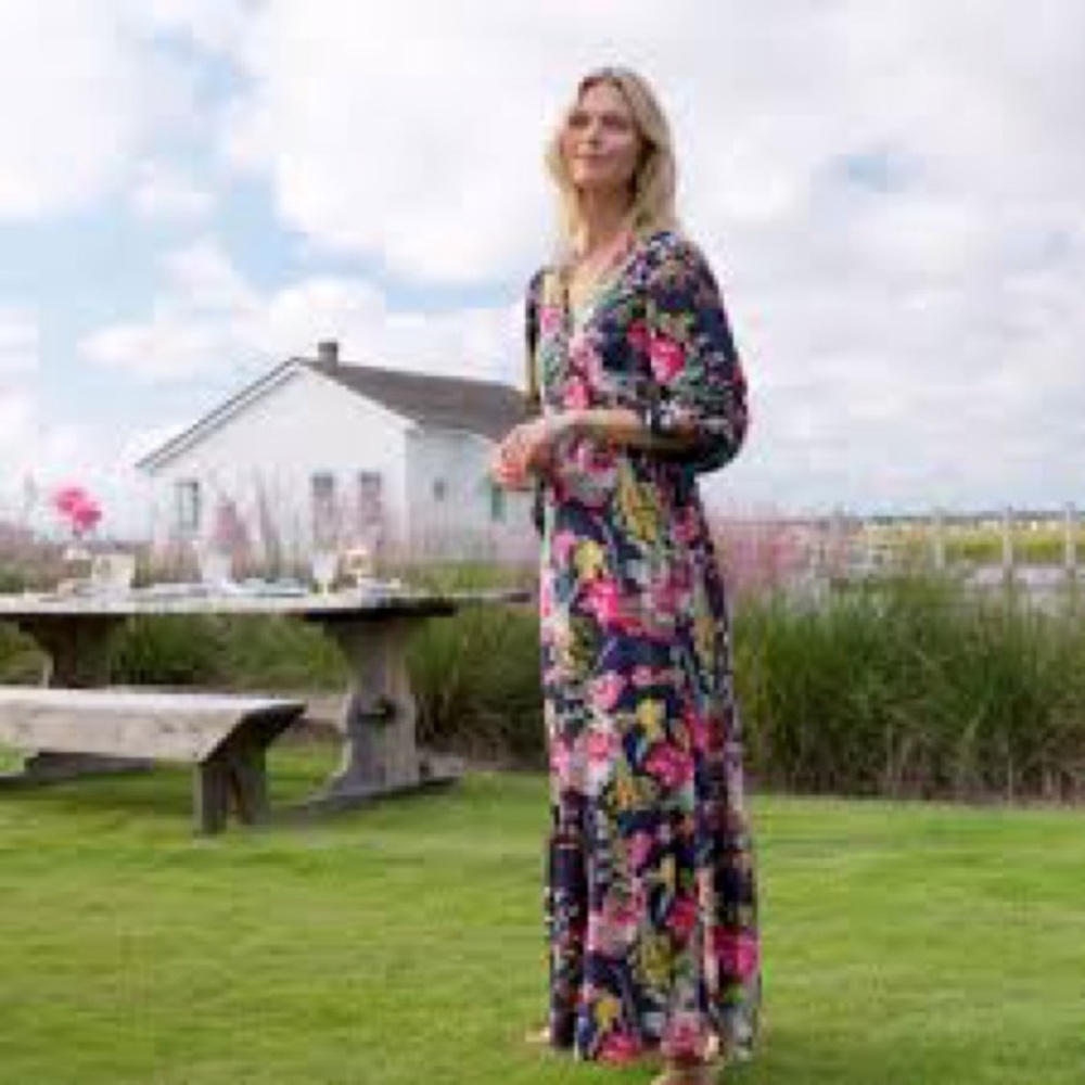 Soft Surroundings floral Samantha maxi dress with faux wrap and 3/4 sleeves.
